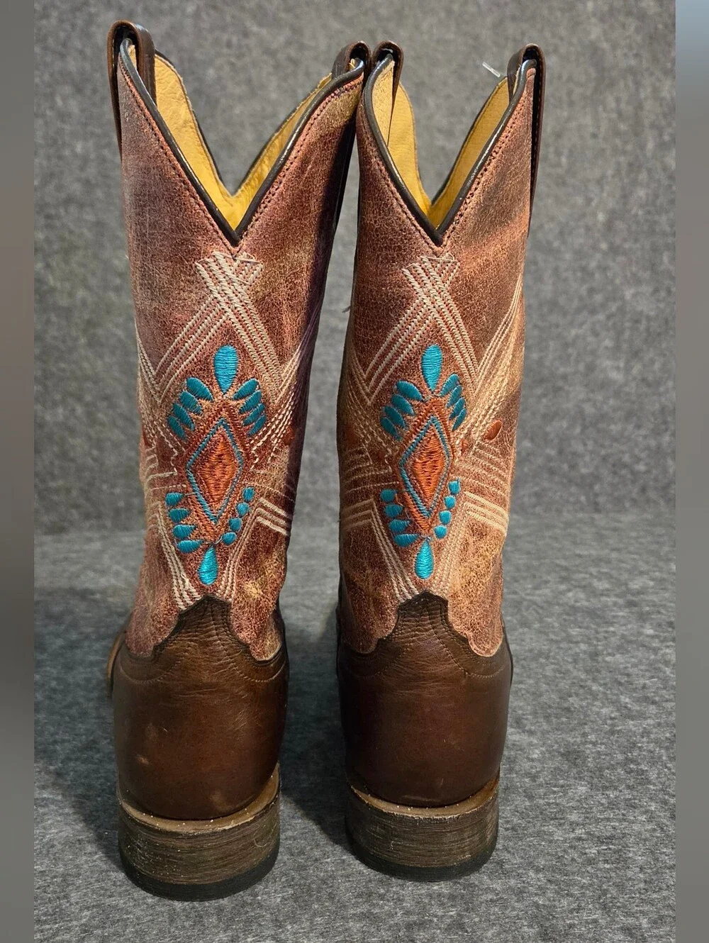 Roper Womens Brown Leather Western Boots Turquoise/Orange Embroidery Made Mexico